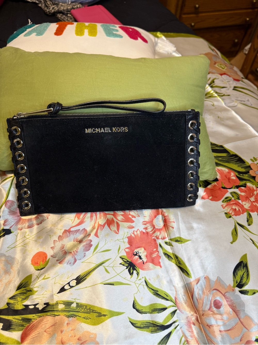 Michael Kors Black Leather Wristlet Clutch w/ Grommet Detail